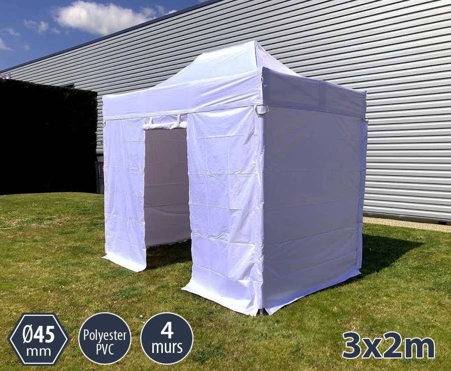 Barnum pliant 3x2m blanc gamme PRO 45, toit polyester pelliculé PVC 300gr/m² + 4 murs