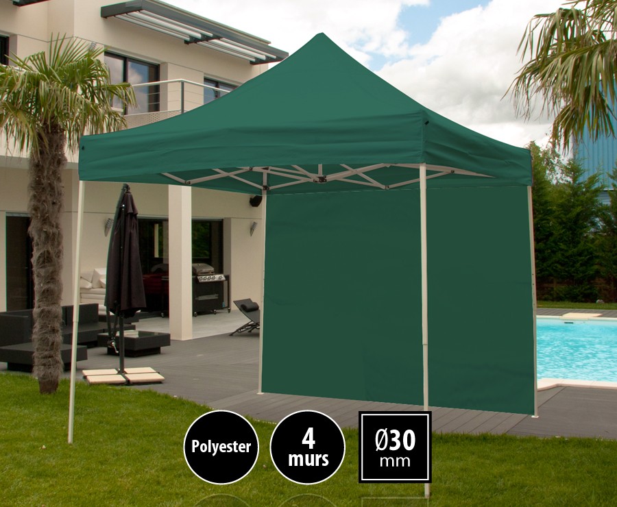 Tonnelle pliante acier 3m x 3m vert LOISIRS + 4 murs, toit polyester 260gr/m²