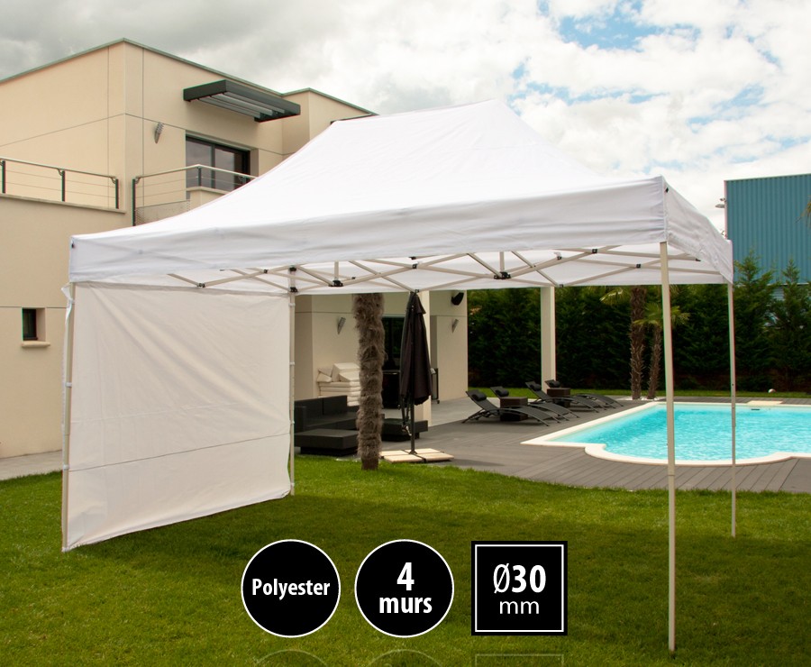 Tente pliante acier 3x4,5m blanc LOISIRS + 4 murs, toit polyester 260gr/m²