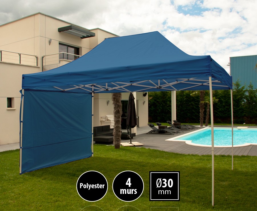 Tente pliante acier 3x4,5m bleu LOISIRS + 4 murs, toit polyester 260gr/m²