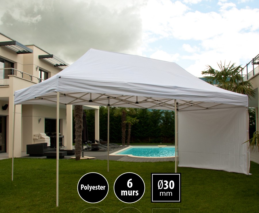 Tente pliante acier 3x6m blanc LOISIRS + 6 murs, toit polyester 260gr/m²