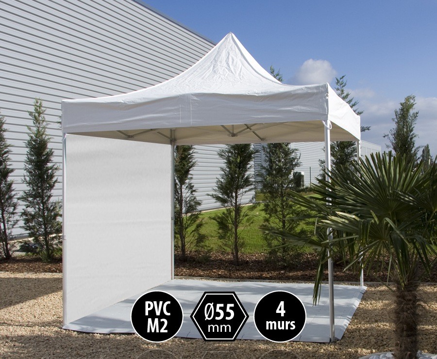 Tente pliante PRO+ 55 aluminium 3x3m blanc, toit PVC norme M2 + 4 murs d'entourage