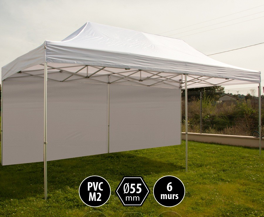 Tente pliante PRO+ 55 aluminium 3x6m blanc, toit PVC norme M2 + 6 murs d'entourage