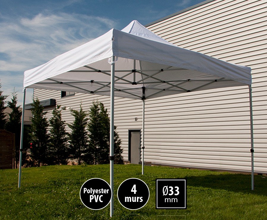 Tente pliante acier 3x3m blanc gamme SEMI-PRO, toit polyester pelliculé PVC 300gr/m2