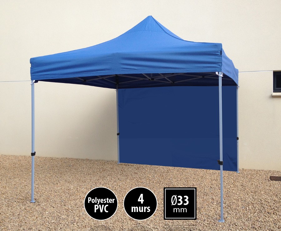 Tente pliante acier SEMI-PRO 3mx3m bleu + sac de transport + 4 murs