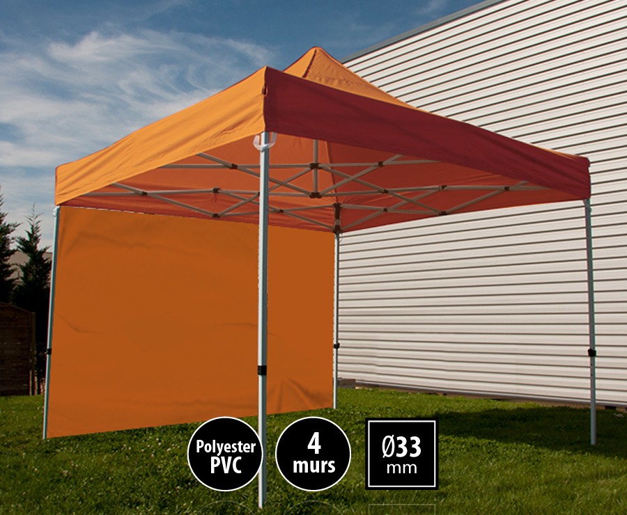 Tente pliante acier SEMI-PRO 3mx3m orange + sac de transport + 4 murs