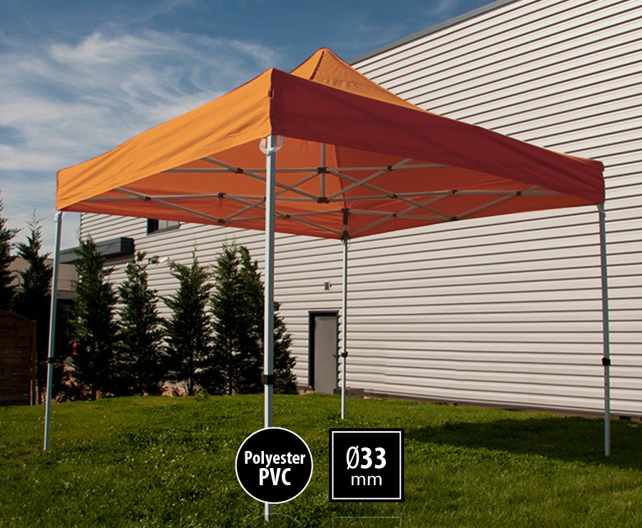 Tente pliante acier 3x3m orange gamme SEMI-PRO, toit polyester pelliculé PVC 300gr/m2