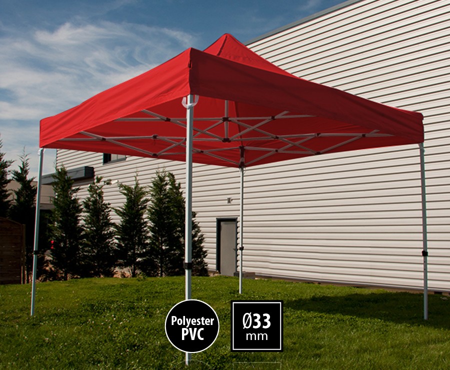 Tente pliante acier 3x3m rouge gamme SEMI-PRO, toit polyester pelliculé PVC 300gr/m2