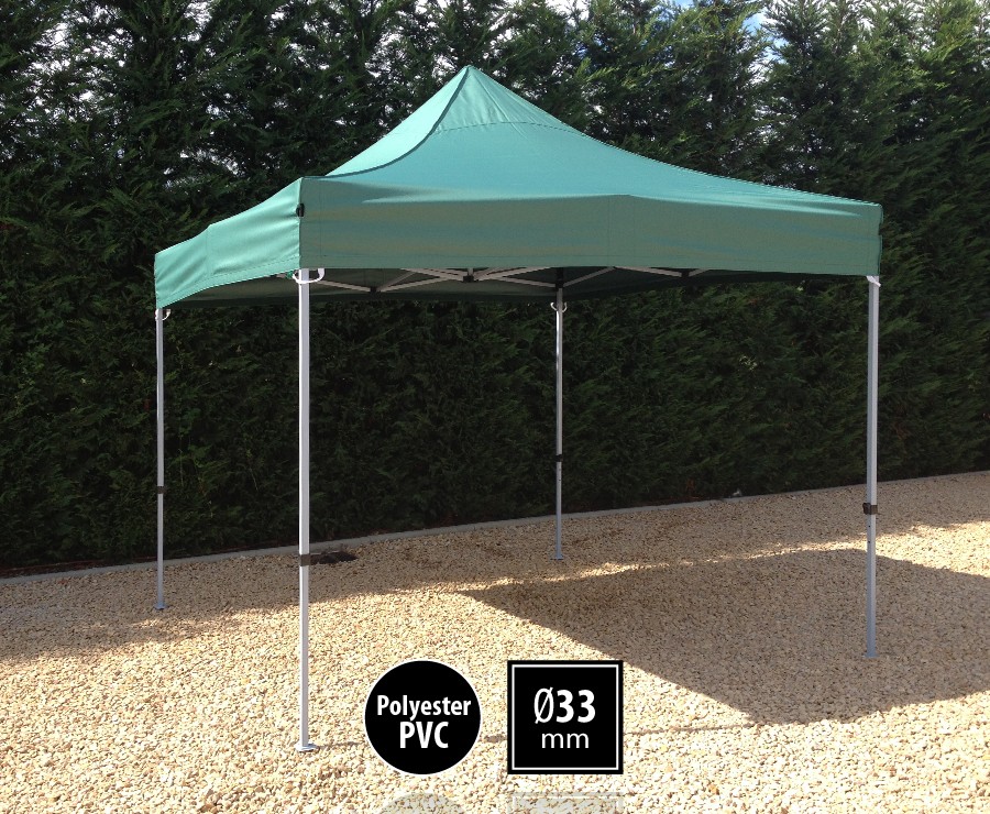 Tente pliante acier 3x3m vert gamme SEMI-PRO, toit polyester pelliculé PVC 300gr/m2