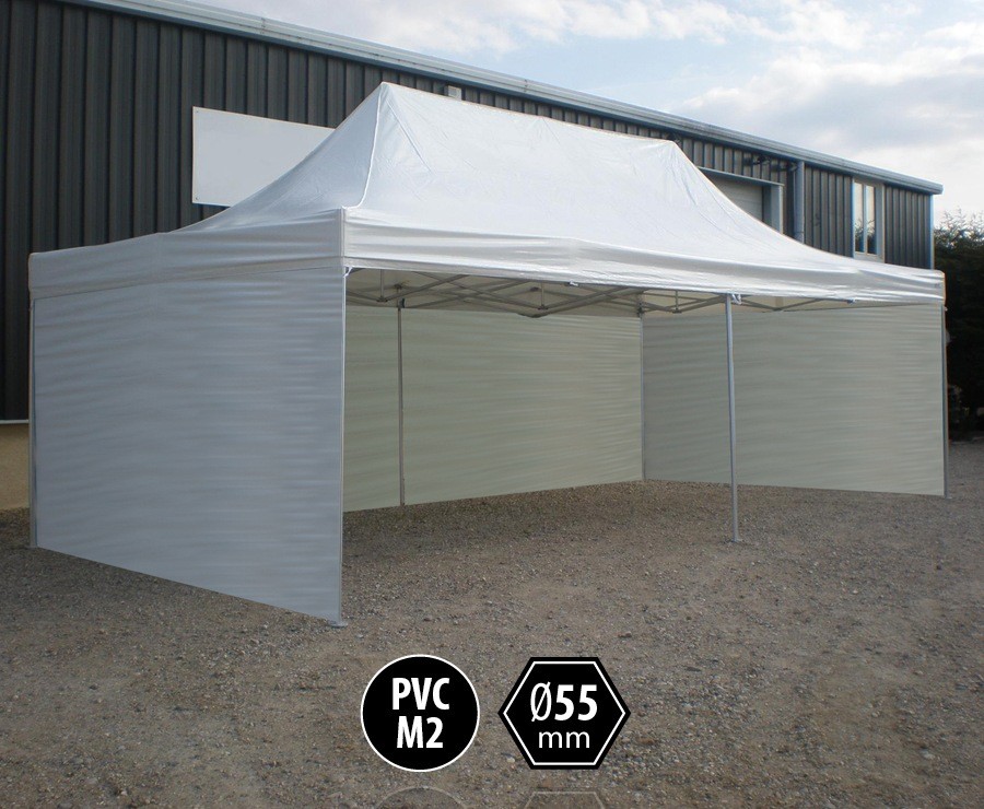 Tente pliante PRO+ 55 aluminium 4x8 blanc, toit PVC norme M2 + 6 murs d'entourage