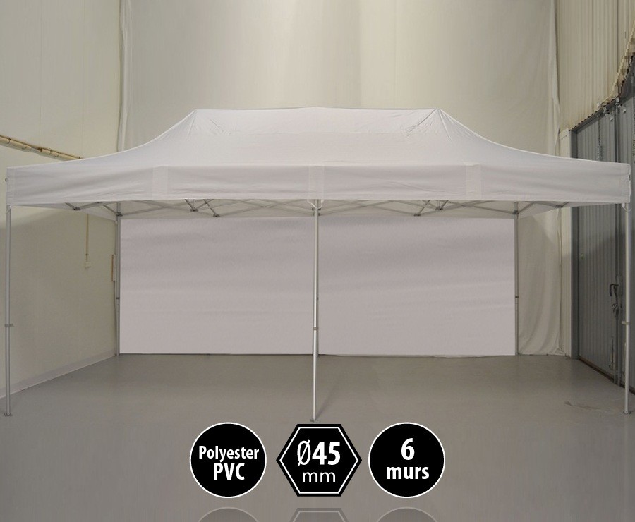 Tente pliante alu 3x6m blanc gamme PRO 45, toit 300gr/m2 + 6 murs