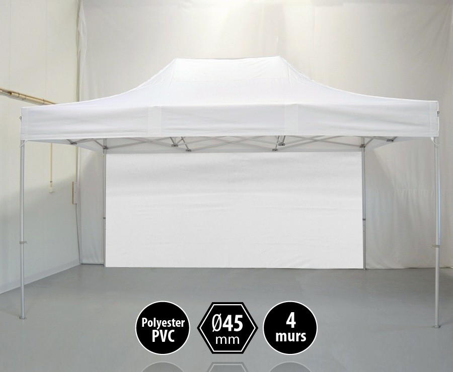 Tonnelle alu 3x4,5m blanc gamme PRO 45, toit polyester pelliculé PVC 300gr/m2 + 4 murs