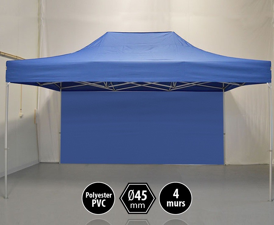 Tonnelle alu 3x4,5m bleu gamme PRO 45, toit polyester pelliculé PVC 300gr/m2 + 4 murs