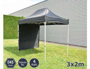 Barnum pliant 3x2m noir gamme PRO 45, toit polyester pelliculé PVC 300gr/m² + 4 murs