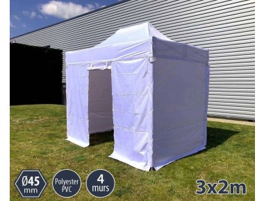 Barnum pliant 3x2m blanc gamme PRO 45, toit polyester pelliculé PVC 300gr/m² + 4 murs